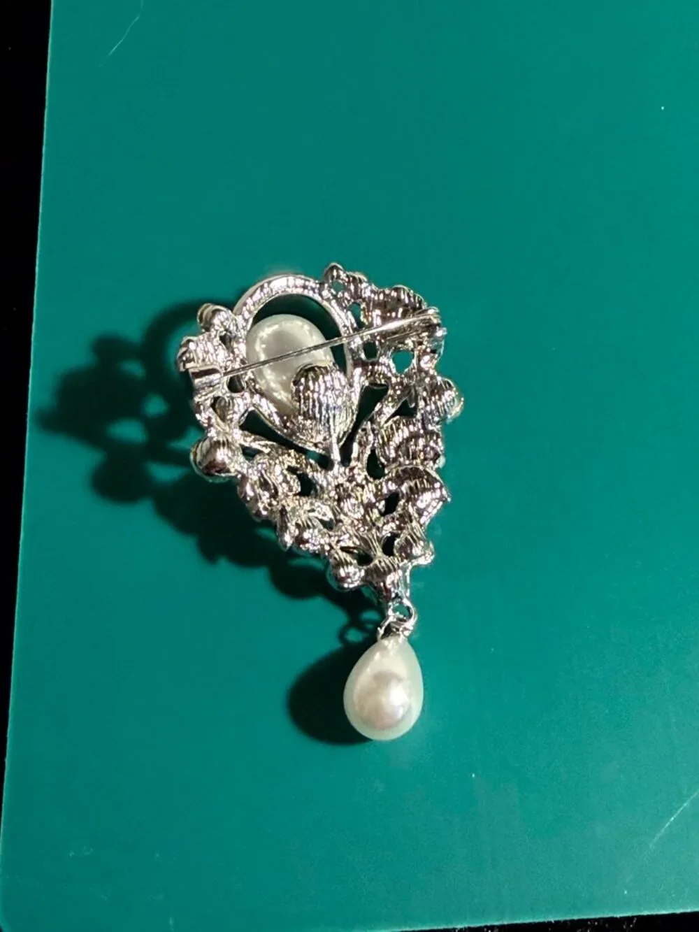 Vintage Style Silver Tone Rhinestone and Faux Pearl Teardrop Brooch